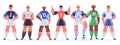 Male soccer team. Football players stand in row, football professional sportsmen characters goalkeeper, striker