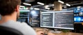 A male software developer works on a computer in a dark office using multiple monitors to display code and technical details Royalty Free Stock Photo