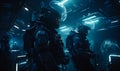 Male soldier, futuristic astronauts in a spaceship. Future warriors in the technological interior with neon lights. Generative AI