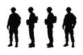 Male soldier standing with weapons silhouette set vector. Anonymous male armies without faces standing in different positions.