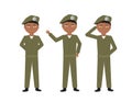 Male soldiers with green uniform and different poses - Stand, Hello, Salute