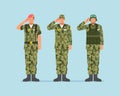 Male soldiers vector character of the national forces and the concept of the military army, One standing another saluting remember