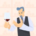 Male sommelier looking at red wine in wineglasses, doing his work cartoon style. Vector flat cartoon illustration