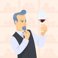 Male sommelier in suite looking at red wine in glass, doing his work. Vector flat cartoon illustration