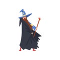 Male Sorcerer with Magic Staff, Bearded Wizard Character Wearing Black Cape and Pointed Hat Vector Illustration