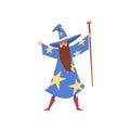 Male Sorcerer with Magic Staff, Bearded Wizard Character Wearing Blue Mantle with Stars and Pointed Hat Vector