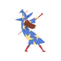 Male Sorcerer Practicing Wizardry with Staff, Bearded Wizard Character Wearing Blue Mantle with Stars and Pointed Hat