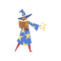 Male Sorcerer Reading Magic Book, Bearded Wizard Character Wearing Blue Mantle with Stars and Pointed Hat Vector Royalty Free Stock Photo