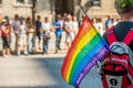 Male spectator carries Rainbow gay flag during Montreal Pride Royalty Free Stock Photo