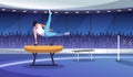 Male sports gymnast performance. Professional athlete in sports competitions, young man on pommel horse performs tricks Royalty Free Stock Photo