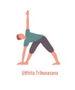 Male in sportswear demonstrating utthita trikonasana pose vector flat illustration. Active guy standing in triangle