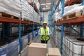 Male staff using pallet jack in warehouse Royalty Free Stock Photo