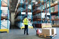 Male staff using pallet jack in warehouse Royalty Free Stock Photo