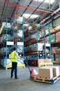 Male staff using pallet jack in warehouse Royalty Free Stock Photo