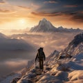 male standing atop a rocky mountain peak, outfitted with a backpack, surveying the landscape Royalty Free Stock Photo