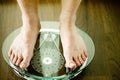 Male on standing on glass floor weight scales, close up Royalty Free Stock Photo