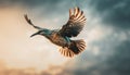 A male starling flying mid air, spreading iridescent wings in Africa generated by AI