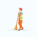 Male street cleaner holding broom man sweeping garbage cleaning service concept full length flat white background