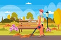 Male street cleaner holding leaves blower man in uniform cleaning service concept city urban park landscape background