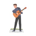 Male Street Guitarist Character Playing Acoustic Guitar, Live Performance Cartoon Style Vector Illustration