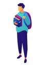 Male student with backpack holding books isometric 3D illustration.