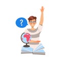 Male Student Character in Glasses Learning Raising Hand from Open Book at Geography Lesson Vector Illustration Royalty Free Stock Photo