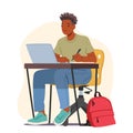 Male Student Character Sitting At Desk With Laptop Writing In Notebook At Comfortable Study Space Vector Illustration Royalty Free Stock Photo