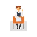 Male Student Sitting at Desk in Classroom with Riswd Hand, Schoolboy Studying at School, College Vector Illustration