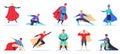 Male superhero characters. Muscular handsome superman in superheroes costume, flying and standing in action pose