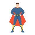 Male superhero or superman. Man with muscular body wearing bodysuit and cape standing in powerful posture. Fantastic Royalty Free Stock Photo