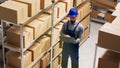 Male supervisor working with laptop in storage room