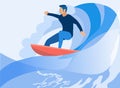 Male Surfer Surfing on Huge Ocean Wave Cartoon Royalty Free Stock Photo