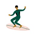 Male Surfer in Wetsuit Riding Surfboard Catching Waves, Young Man Enjoying Summer Vacation, Recreational Water Sport