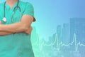 Male surgeon with stethoscope in blue ecg line on medical background. Health care banner Royalty Free Stock Photo