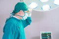 Male surgeon wearing surgical mask in operation theater at hospital, doctor in operating room