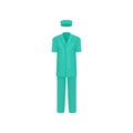 Male surgical suit. Classic clothes of medical worker. Short-sleeved shirt, pants and hat. Flat vector design