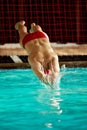 A male swimmer dives into the pool with his head into the water, the start of the swim in the pool. Royalty Free Stock Photo