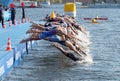 Male swimming competitors when the start signal goes Royalty Free Stock Photo