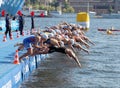 Male swimming competitors when the start signal goes Royalty Free Stock Photo