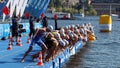 Male swimming competitors when the start signal goes Royalty Free Stock Photo