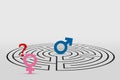 Male symbol in a labyrinth and female symbol with question mark - Concept of male and female psychology