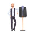 Male Tailor Adjusting Clothes on Mannequin, Clothing Designer Tailor Working at Atelier Vector Illustration