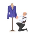 Male Tailor Adjusting Jacket on Mannequin, Clothing Designer Tailor Working at Atelier Creating Outfit Vector