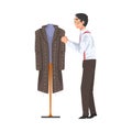 Male Tailor Adjusting Wool Coat on Mannequin, Clothing Designer Tailor Working at Atelier Vector Illustration