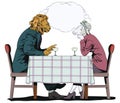 Male is talking to girl. Lion and Sheep. People in images of animals.