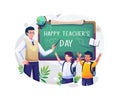 A male teacher is pointing at the chalkboard that says happy teachers day with her two students. Vector illustration Royalty Free Stock Photo