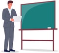 Male teacher with sheet of paper stands near blackboard. Woman conducts lesson, class in school Royalty Free Stock Photo