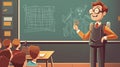 Cartoon illustration of a teacher standing in front of a blackboard in classroom. Royalty Free Stock Photo