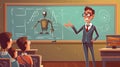 Cartoon illustration of teacher in the classroom with students and robot. Royalty Free Stock Photo
