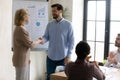 Male team leader shake hand of female employee at meeting Royalty Free Stock Photo